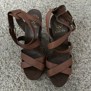 Vince Camuto Saddle Colored Brown, strappy, high, leather wedges. Size 8.